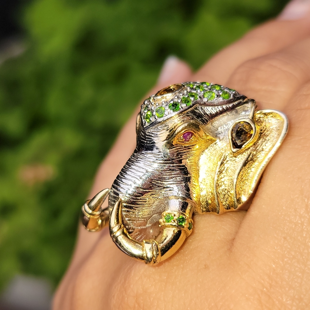 Large Sterling Elephant Ring with Stones